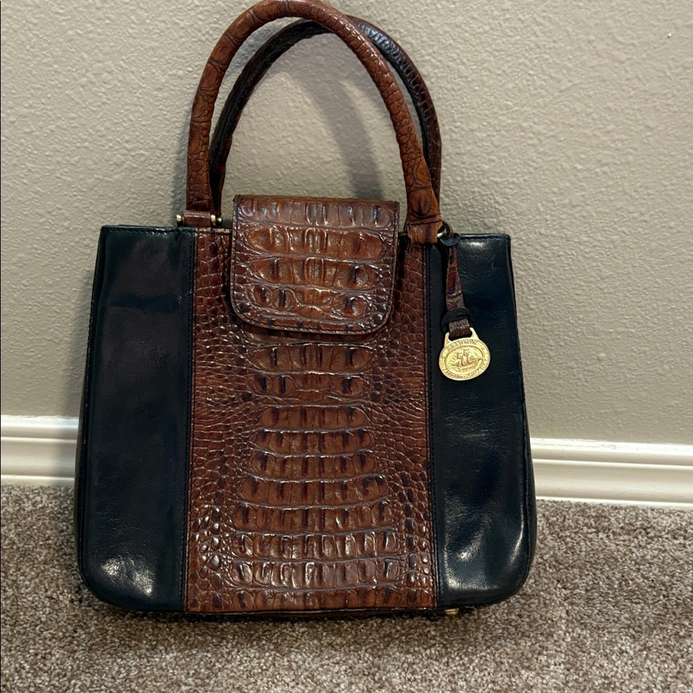 Brahmin Black and Brown Croc-Embossed Satchel